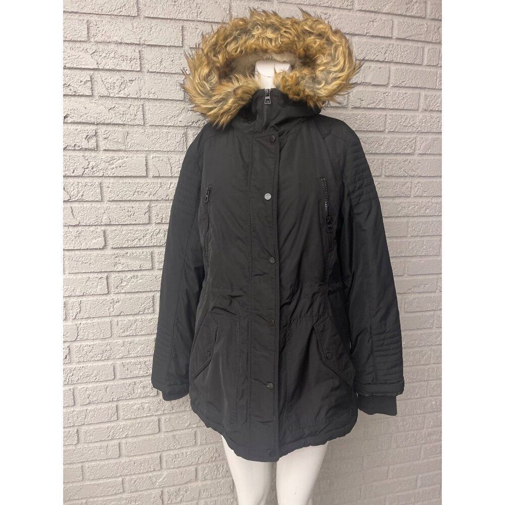 Nicole Miller Women's Black Faux Fur Hoodie Parka Coat Jacket Size L